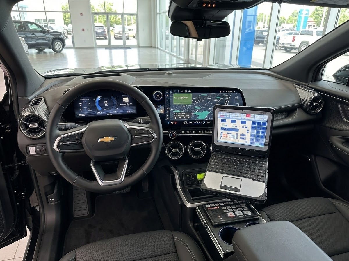 Interior of a Chevy Blazer EV PPV police build with flat floor and equipment